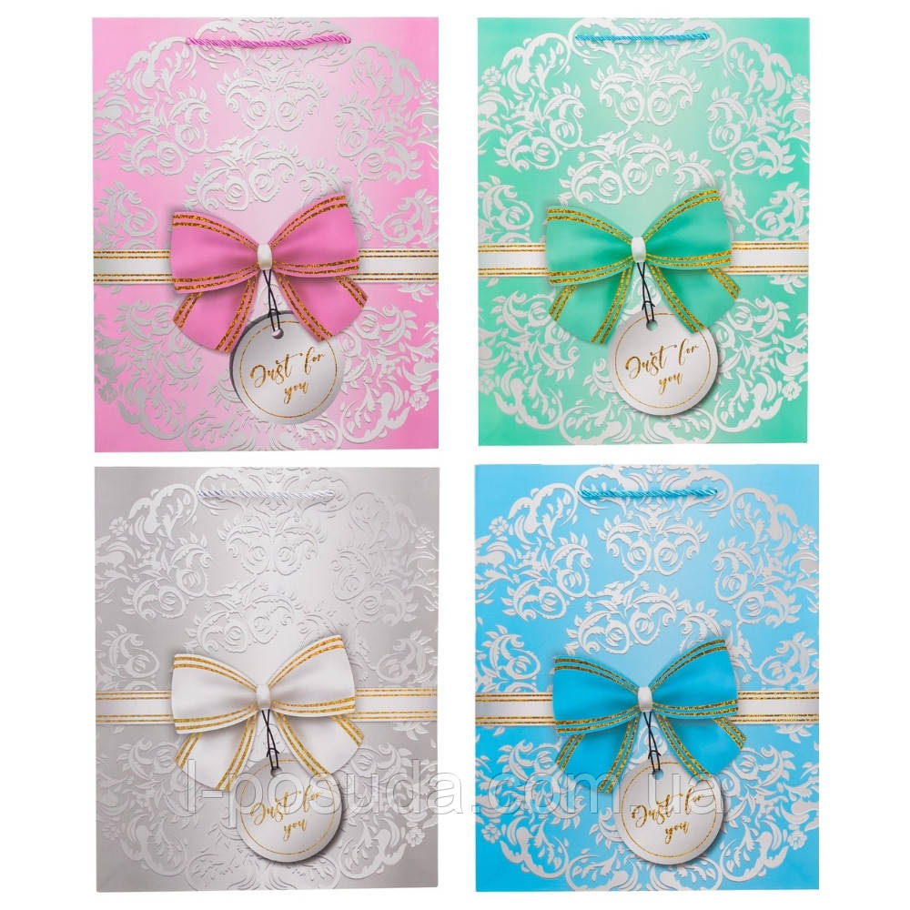 Подарунковий паперовий пакет "Елегантний бант", 26х32 см, довільний дизайн 12 шт упаковка, фото 1