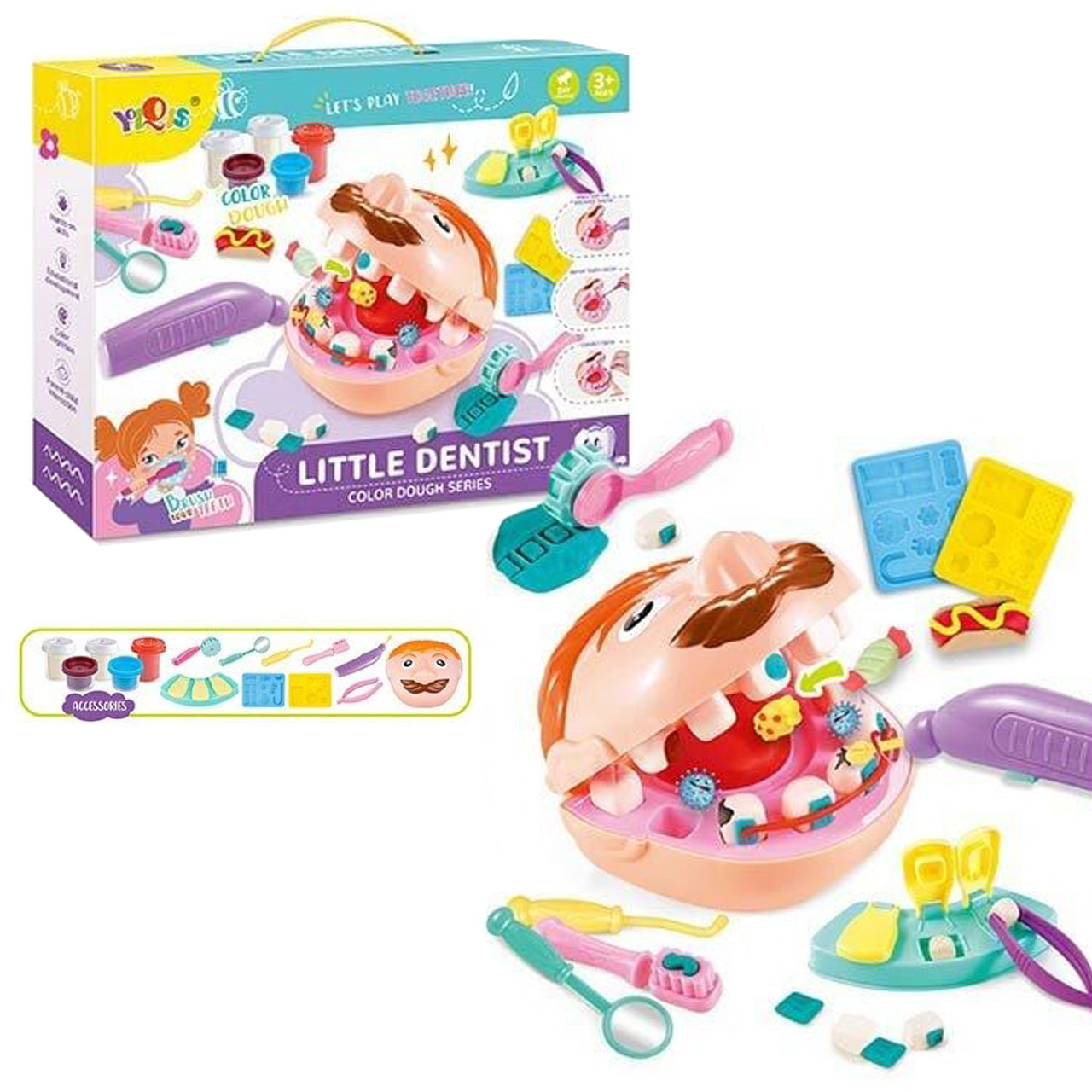 Тісто для ліплення Стоматолог щелепа 5 баночок тіста бормашинка молди уп 33,5*6*25,5 см (8852), фото 1