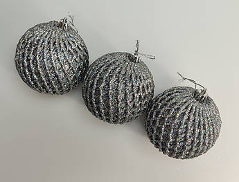 Ялинкові кулі «Сітка» золоті з глітером 8 см | набір 6 шт. | новорічні прикраси | іграшки для ялинки | 8 варіантів кольору Срібний