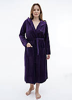 Довгий велюровий халат на запах з каптуром і довгим рукавом, фіолетовий, Туреччина