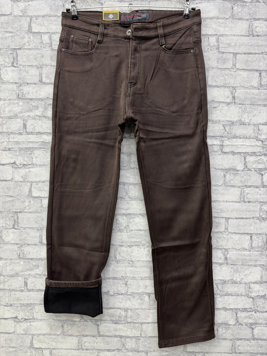 Чоловічі прямі джинси на утепленні на флісі у коричневому кольорі, фото 1