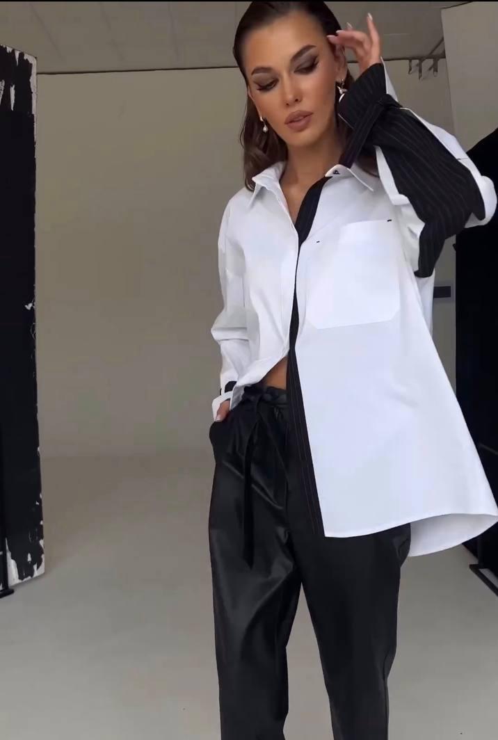 Сорочка жіноча з зав’язками Модель: 1483-83105 Колір: білий + вставки чорний, смужка біла, фото 1