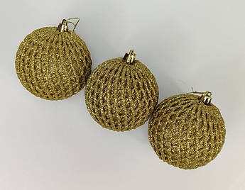 Ялинкові кулі «Сітка» золоті з глітером 8 см | набір 6 шт | новорічні прикраси | іграшки для ялинки | 6 різновидів кольору