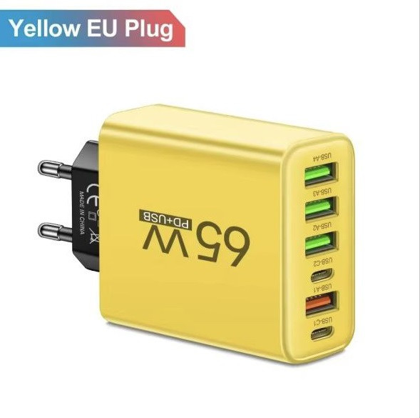 Мережевий зарядний пристрій LYK-886 65W, 6 портів (4×USB-A + 2×USB-C), EU Plug, жовтий, фото 1