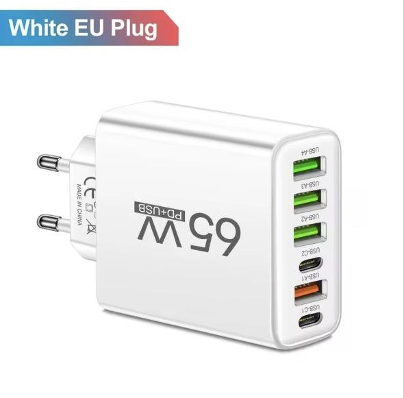 Мережевий зарядний пристрій LYK-886 65W, 6 портів (4×USB-A + 2×USB-C), EU Plug, білий, фото 1