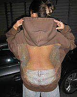 Женский стильный оверсайз худи с акцентной спинкой из сетки Арт. 278 Капучино