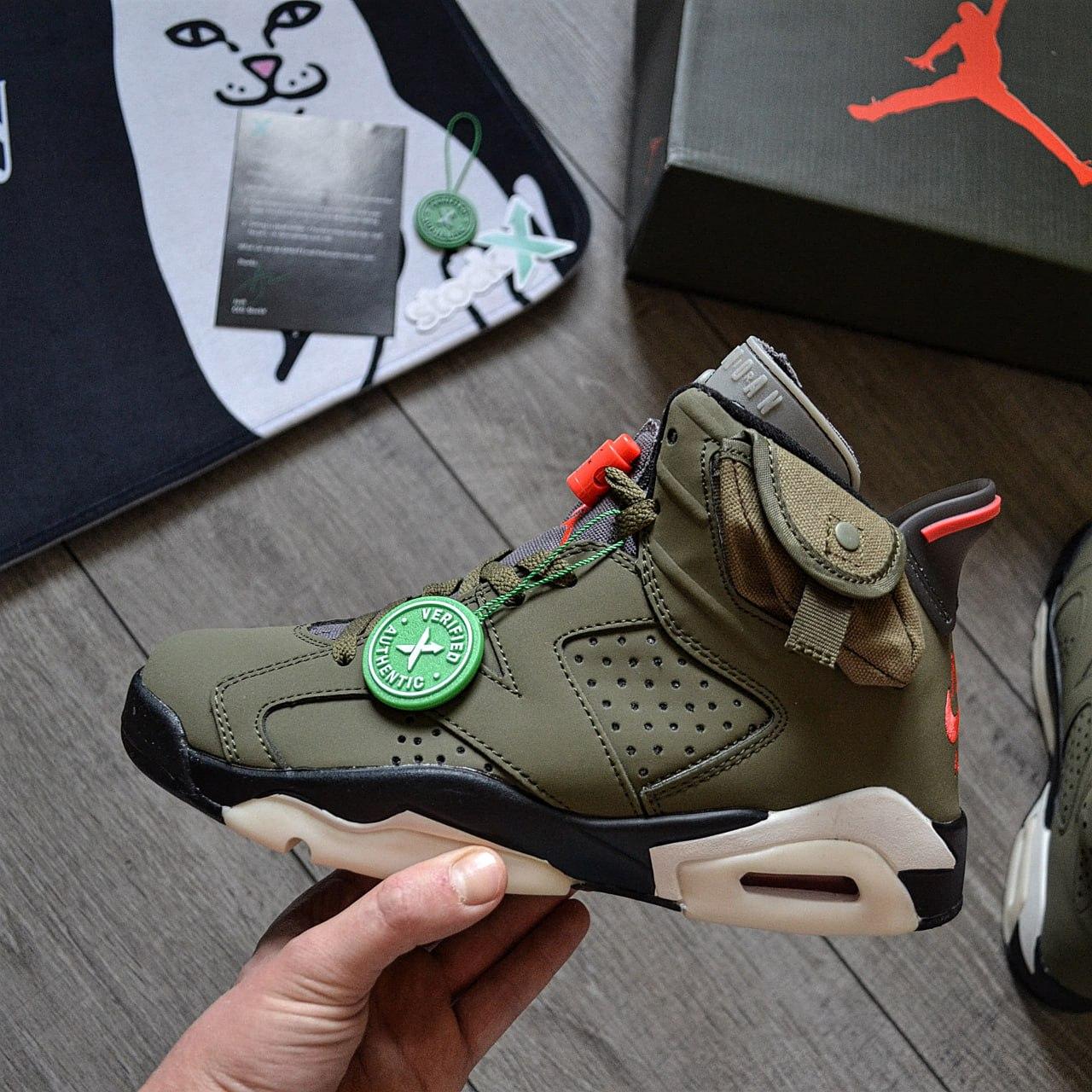 Чоловічі кросівки Travis Scott x Nike Air Jordan 6 Retro GS Olive Оливкові Взуття Найк Аір Джордан 6 Ретро високі Нубук демісезон, фото 1