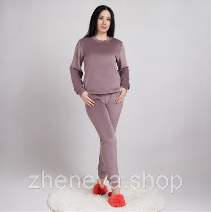 Жіноча тепла велюрова піжама з кишенями, фото 1