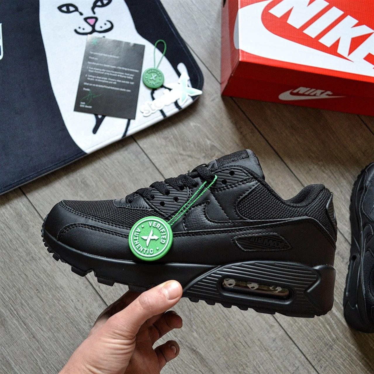 Чоловічі кросівки Nike Air Max 90 Black Чорні Найк Аір Макс 90 шкіра нубук текстиль демісезон, фото 1