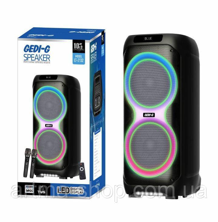 Акустична переносна Bluetooth колонка BS LT-2132/0123 з двома радіомікрофонами 2*10" 100 Вт FM, USB, AUX, RGB