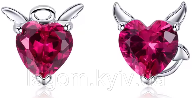 Сережки-гвіздочки Angel & Devil" 925 проба кульчики-пусети червоні сердечки, фото 1