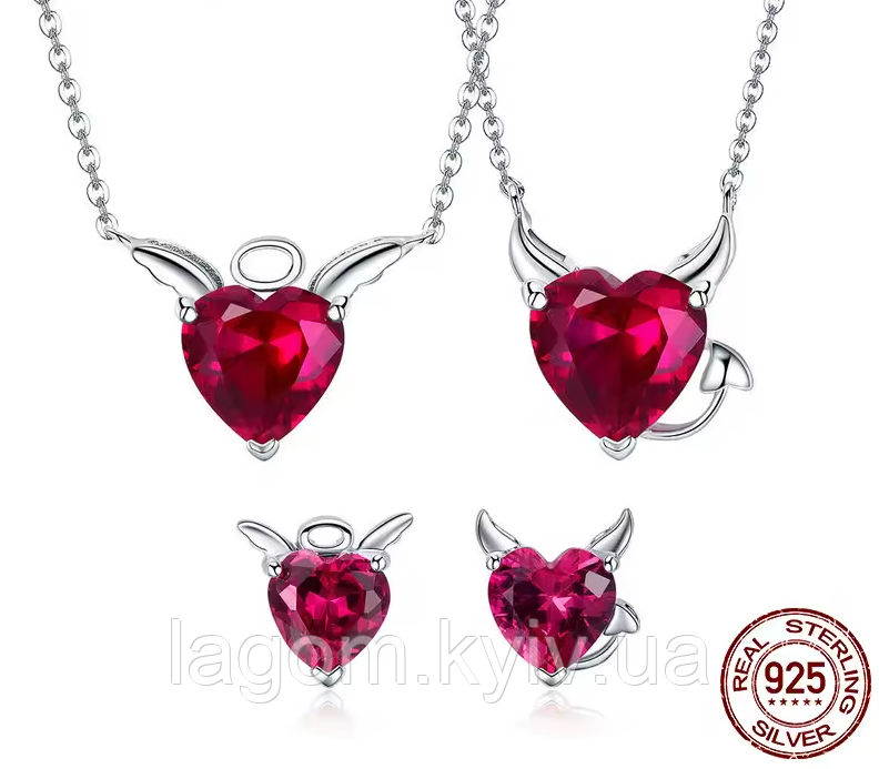 Комплект срібних прикрас "Angel & Devil" 925 проба з червоним сердечком (2 кулони і сережки), фото 1