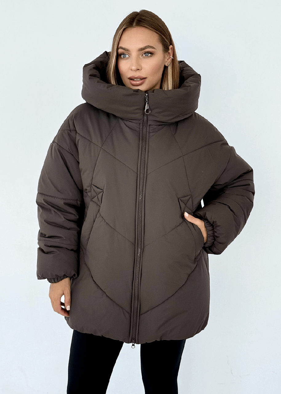 Куртка зимова подовжена Селін-міді на біопуху об'ємна оверсайз молодіжна 44-52 розміри шоколадна, фото 1