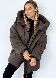 Куртка зимова подовжена Селін-міді на біопуху об'ємна оверсайз молодіжна 44-52 розміри шоколадна, фото 4