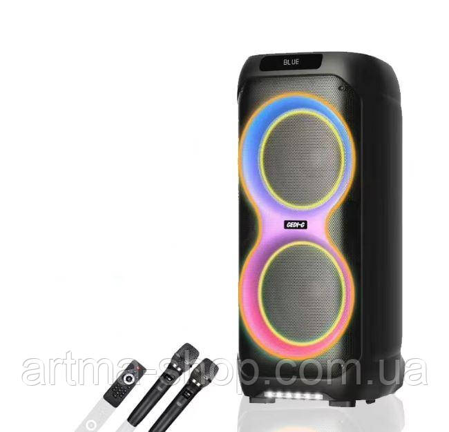 Акустична переносна Bluetooth колонка BS LT-2133/0124 з двома радіомікрофонами 2*10" 120 Вт FM, USB, AUX, RGB, фото 1