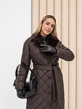 Жіноче зимове пальто Стокгольм з хутром та поясом утеплене, стильне стьобане пальто до -10°C  розміри 40-54 шоколад, фото 6