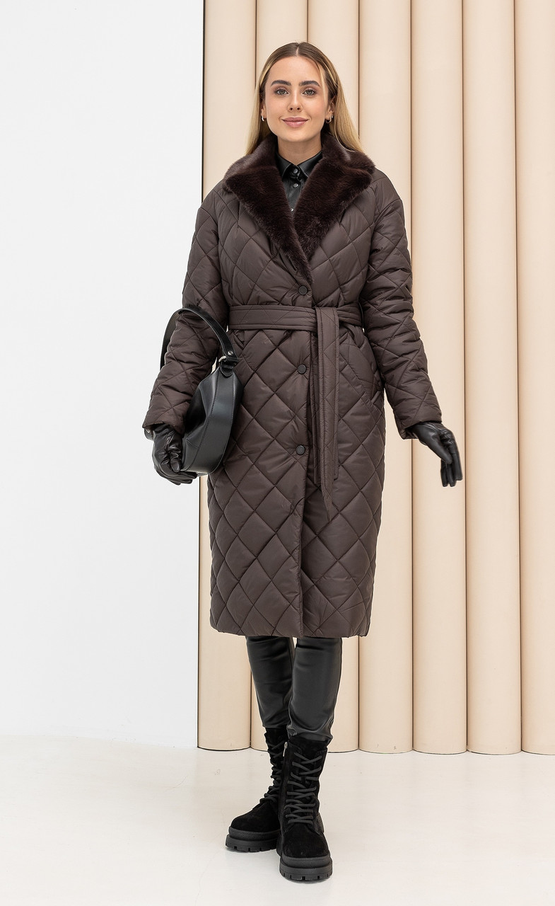 Жіноче зимове пальто Стокгольм з хутром та поясом утеплене, стильне стьобане пальто до -10°C  розміри 40-54 шоколад, фото 1