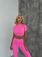 Жіночий спортивний костюм рожевий з топом і лосинами, фітнес-костюм для залу, спорту та йоги із швами назовні S