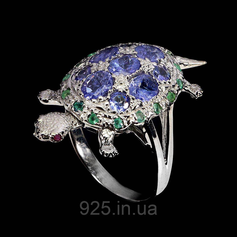 Каблучка. Натуральний танзаніт, смарагд і гранат родоліт. Срібло 925., фото 1