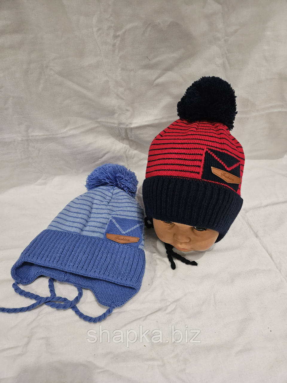 Шапка дитяча в'язана на флісі з бубоном., фото 1