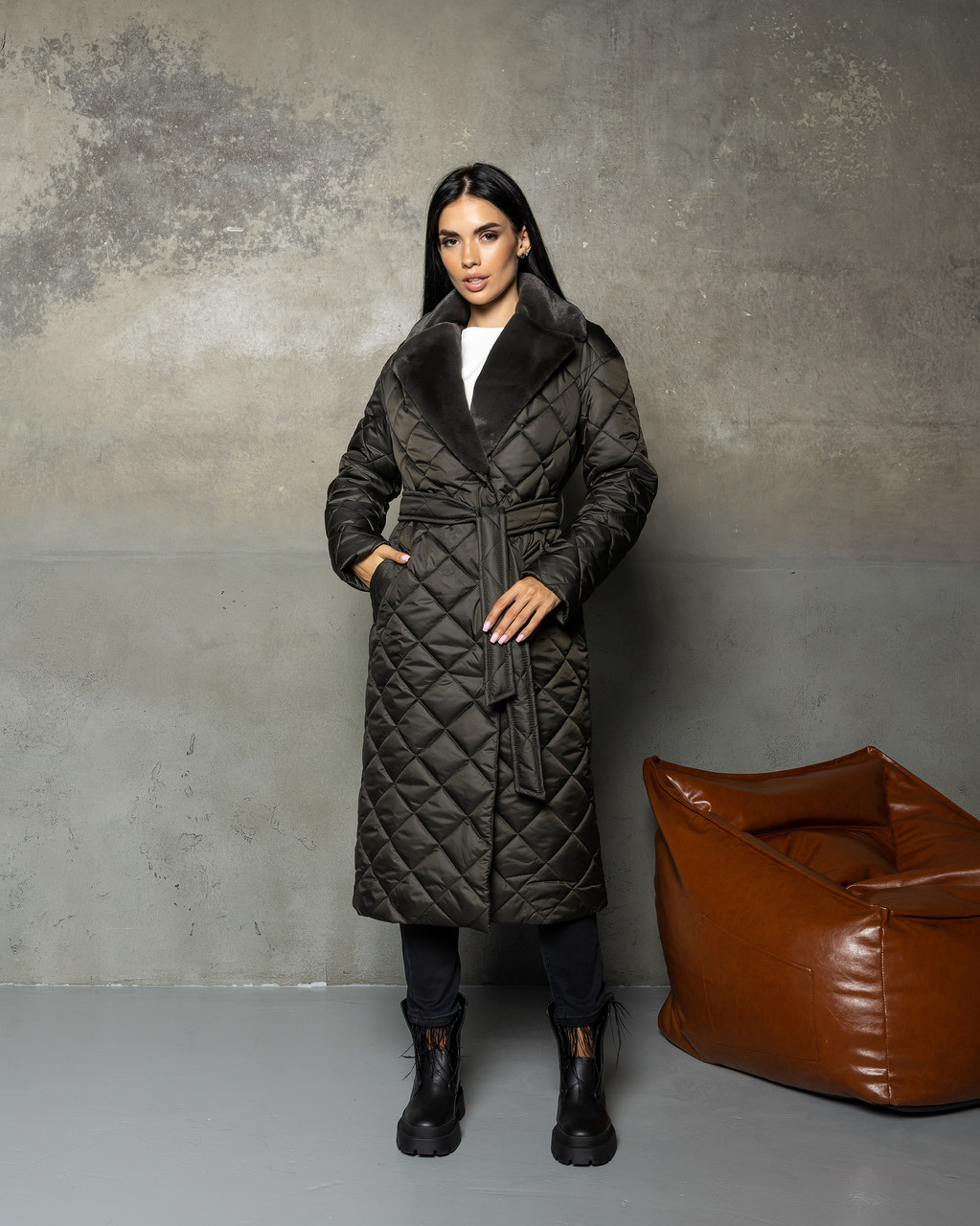 Жіноче зимове пальто Стокгольм з хутром та поясом утеплене, стильне стьобане пальто до -10°C  розміри 40-54 малахітове, фото 1