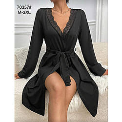 Жіночий чорний шовковий халат Норма Розміри: 44,46,48,50,52 (49476)