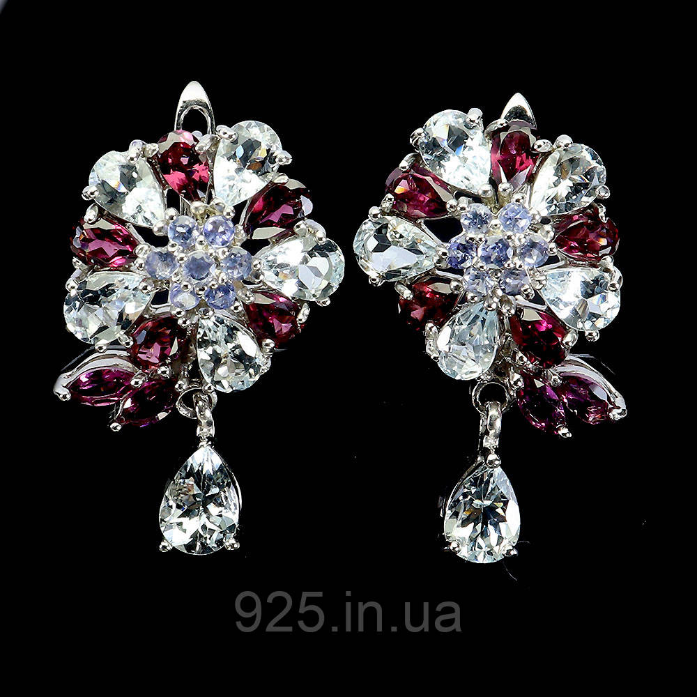 Сережки. Натуральний аквамарин, гранат родоліт і танзаніт. Срібло 925., фото 1