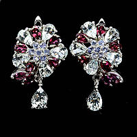 Сережки. Натуральний аквамарин, гранат родоліт і танзаніт. Срібло 925.