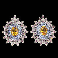 Сережки. Натуральний цитрин, гранат родоліт і танзаніт. Срібло 925.