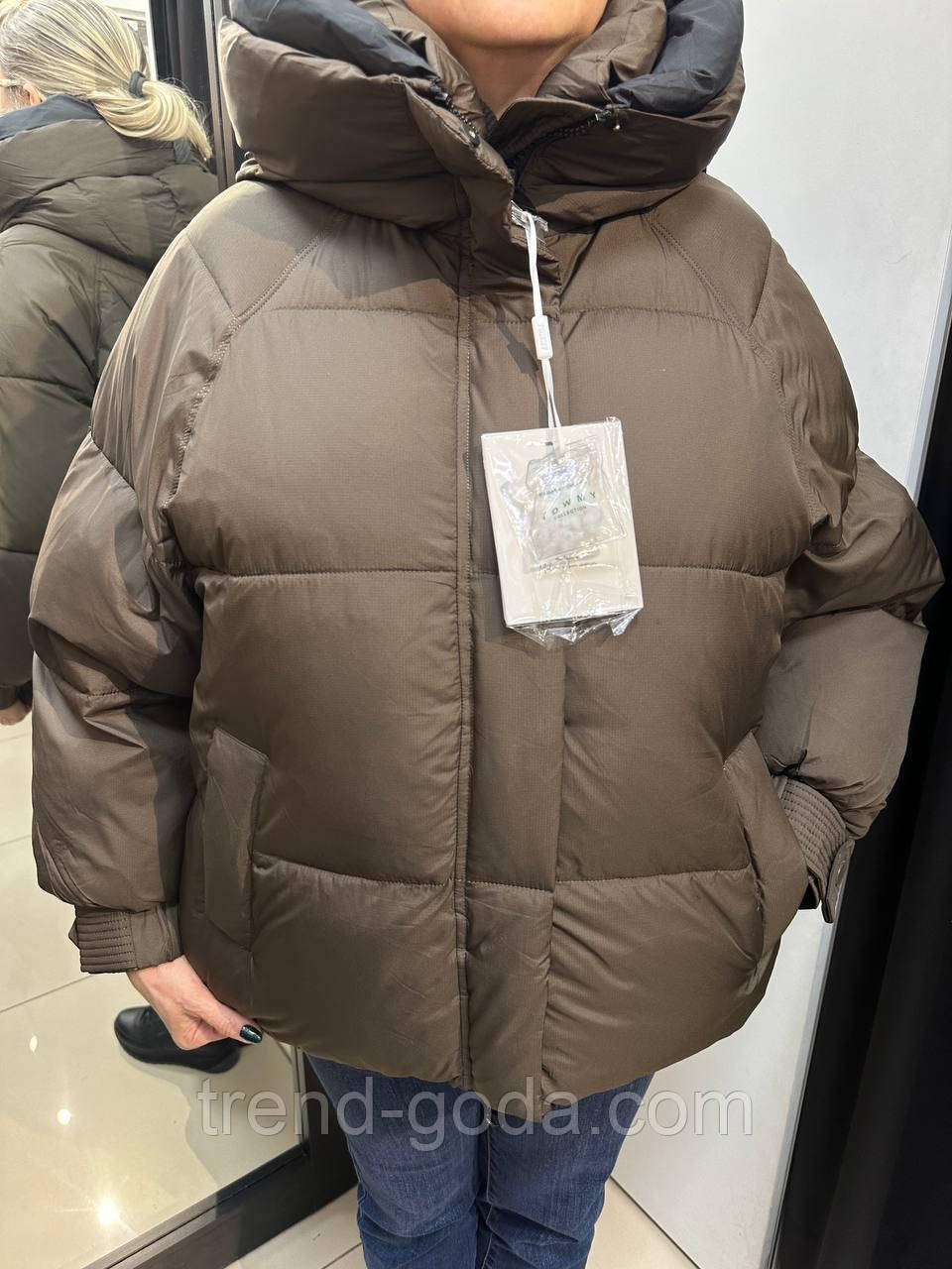 Куртка жіноча зимова холофайбері з капюшоном оверсайз Жіноча зимова куртка пуховик коричнева, фото 1