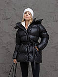Жіночий зимовий пуховик пуфер Арктика з біопухом Huvis, блискуча куртка з капюшоном, тепла молодіжна модель 42–50 чорний, фото 3