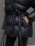 Жіночий зимовий пуховик пуфер Арктика з біопухом Huvis, блискуча куртка з капюшоном, тепла молодіжна модель 42–50 чорний, фото 5