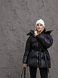 Жіночий зимовий пуховик пуфер Арктика з біопухом Huvis, блискуча куртка з капюшоном, тепла молодіжна модель 42–50 чорний, фото 7