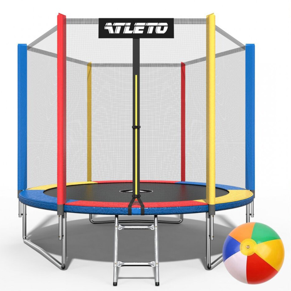 Дитячий спортивний вуличний батут із захисною сіткою і драбиною 312 см Atleto Multikolor різнокольоровий для дачі вулиці
