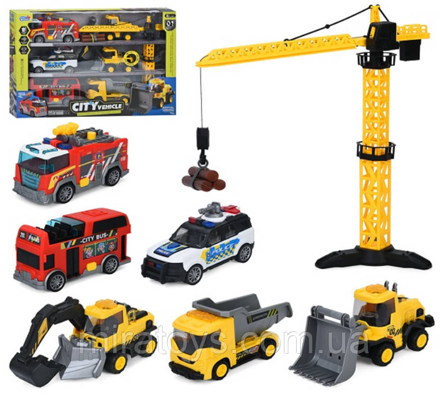 Будтехніка HH3018 — Набір інерційних машинок (7 шт) з краном, фото 1