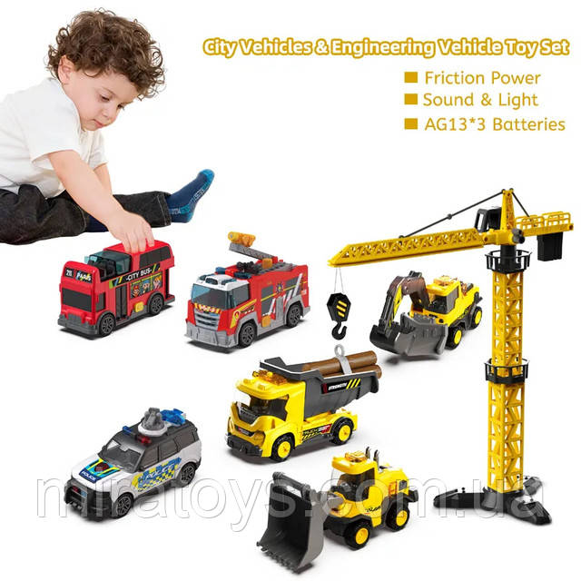 Будтехніка HH3018 — Набір інерційних машинок (7 шт) з краном Будтехніка HH3018 — Набір інерційних машинок (7 шт) з краном