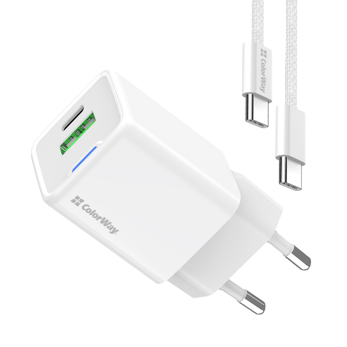 Зарядний пристрій мережевий USB/Type-C + кабель Type-C PD 30W GaN Mini ColorWay, фото 1