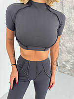 Жіночий спортивний костюм графітовий з топом і лосинами, фітнес-костюм для залу, спорту та йоги із швами назовні S