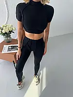 Жіночий чорний костюм графітовий з топом і лосинами, фітнес-костюм для залу, спорту та йоги із швами назовні S