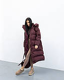 Жіноче зимове подовжене пальто-пуховик Оксфорд зі знімним капюшоном, тепле пальто оверсайз з біопухом 42–50 бургунді, фото 4