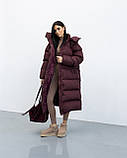 Жіноче зимове подовжене пальто-пуховик Оксфорд зі знімним капюшоном, тепле пальто оверсайз з біопухом 42–50 бургунді, фото 5