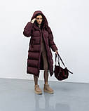 Жіноче зимове подовжене пальто-пуховик Оксфорд зі знімним капюшоном, тепле пальто оверсайз з біопухом 42–50 бургунді, фото 2