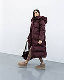 Жіноче зимове подовжене пальто-пуховик Оксфорд зі знімним капюшоном, тепле пальто оверсайз з біопухом 42–50 бургунді, фото 7