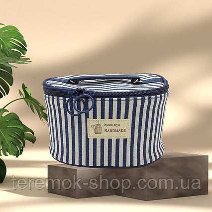 Косметичка кейс синя в смужку тканинна на блискавці каркасна, бокс кейс  для косметики велика  20х 14х 12