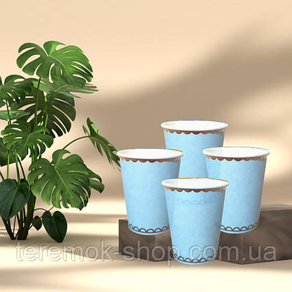 Набір стаканів одноразових паперових блакитних із золотим малюнком 10 штук