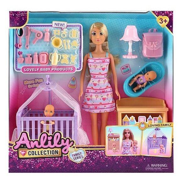 Лялька 616308 (18) висота: 30 см, знімний одяг та взуття, 2 пупсики, ліжечко з балдахіном, ванночка, аксесуари, в коробці