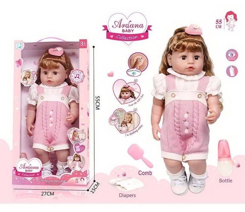 Лялька A 909 D (12/2) гумова, висота - 52 см, заплющує очі, функціональна, прошите волосся, рухомі кінцівки, пляшечка, памперс,