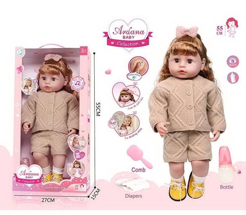 Лялька A 909 F (12/2) висота - 52 см, заплющує очі, ходить на горщик, звукові ефекти, прошите волосся, рухомі кінцівки, пляшечка,