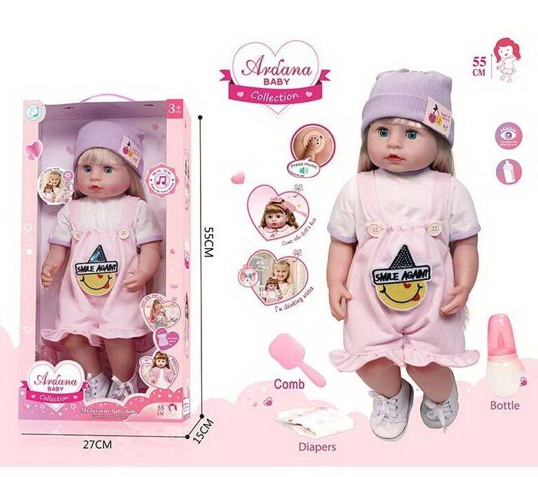 Лялька A 910 D (12/2) гумова, висота - 52 см, заплющує очі, функціональна, прошите волосся, рухомі кінцівки, пляшечка, памперс,