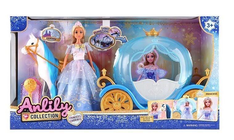 Лялька з каретою 616852 (6) підсвічування, висота ляльки 30 см, шарнірні кінцівки, намисто, корона, кінь із сідлом, карета,